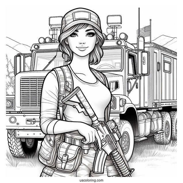 Female Soldier Coloring Page Standing In Front Of Military Truck
