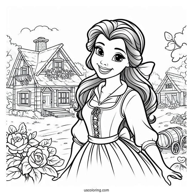 Smiling Belle In Her Village To Color