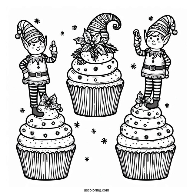 Christmas Themed Cupcake With Elves To Color