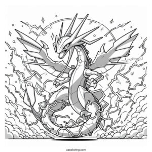 Detailed Mega Rayquaza Coloring Page Surrounded By Electricity