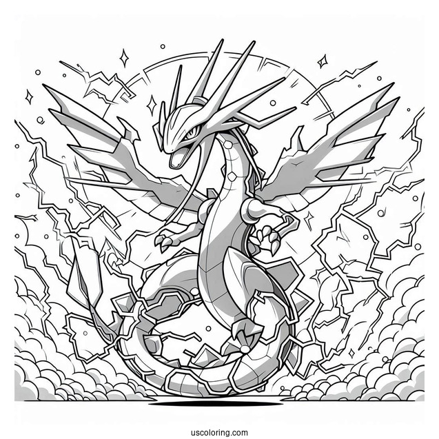Detailed Mega Rayquaza Coloring Page Surrounded By Electricity