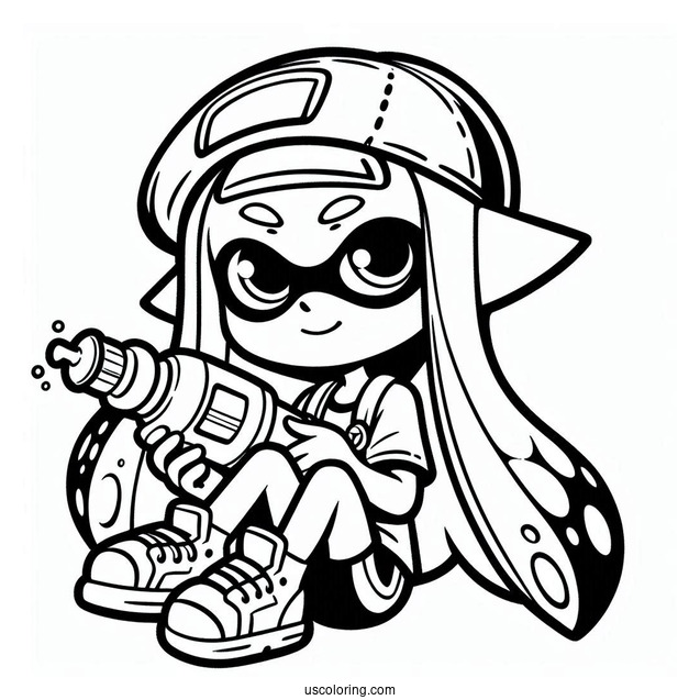 Splatoon Coloring Page Of Blue Inkling Holding Inkjet For Kids