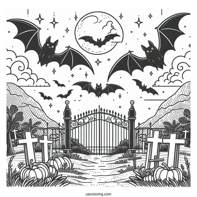 Halloween Graveyard With Bats Coloring Page In The Sky
