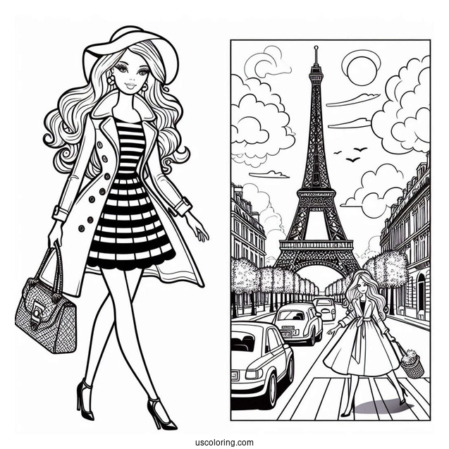 Fashionable Barbie Walkng In Paris Coloring Sheet