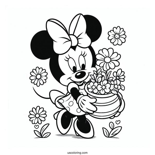 Minnie Mouse Carrying Spring Coloring Page Flower Pot