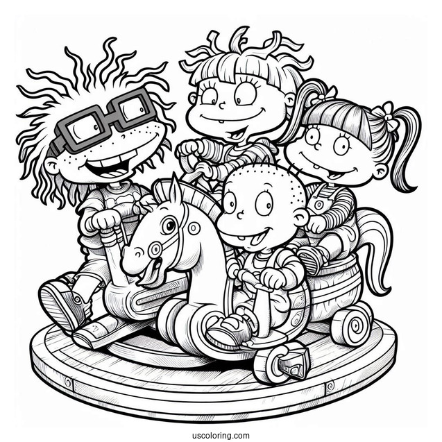Nickelodeon Coloring Page Of Rugrats Chuckie, Angelica, Lillian And Tommy Riding Machine