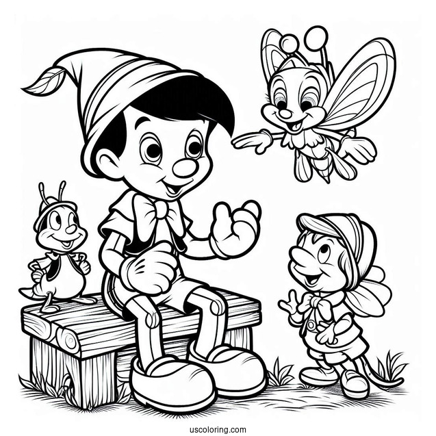 Pinocchio Coloring Page Playing With Figaro, Cleo, And Jiminy Cricket On Table