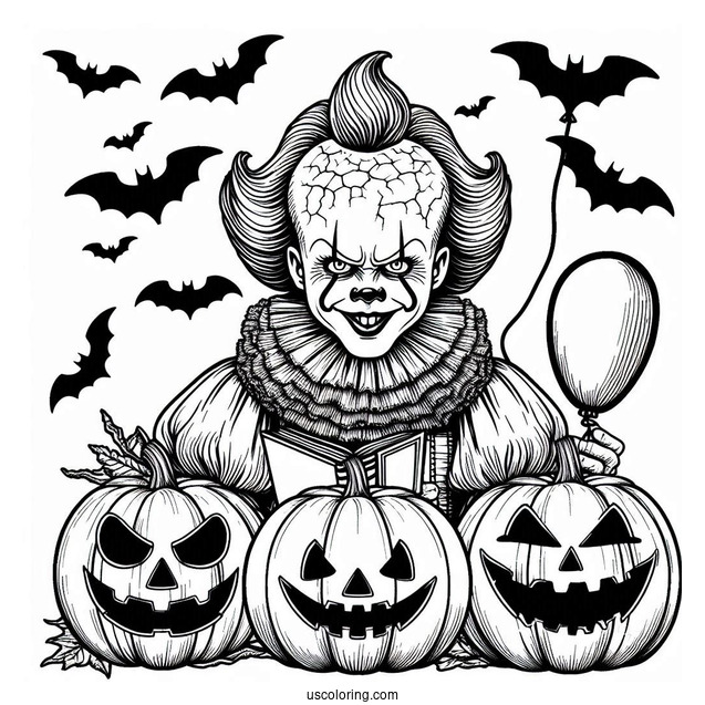 Pennywise Coloring Page With Bats And Jack O Lanterns