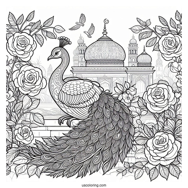 Peacock Coloring Page in Blooming Rose Garden with Architectural Details