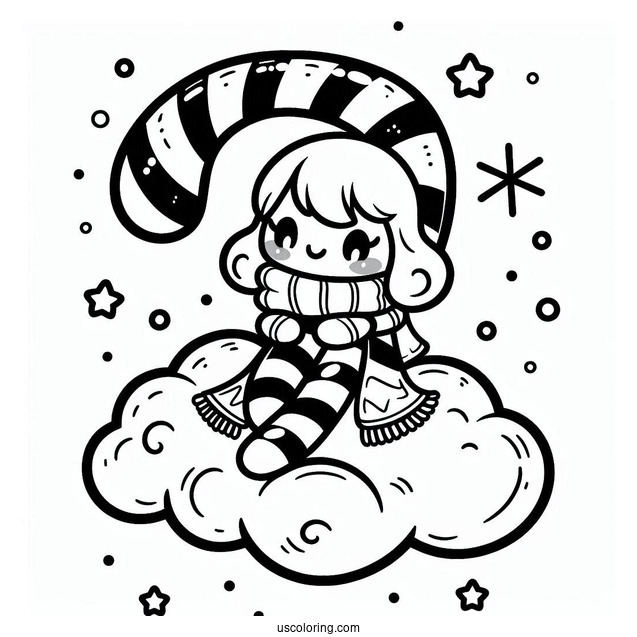 Adorable Candy Cane Coloring Page Sitting On A Cloud
