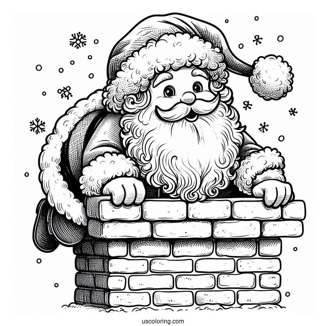 Santa Claus Squeezing Into Brick Chimney To Color