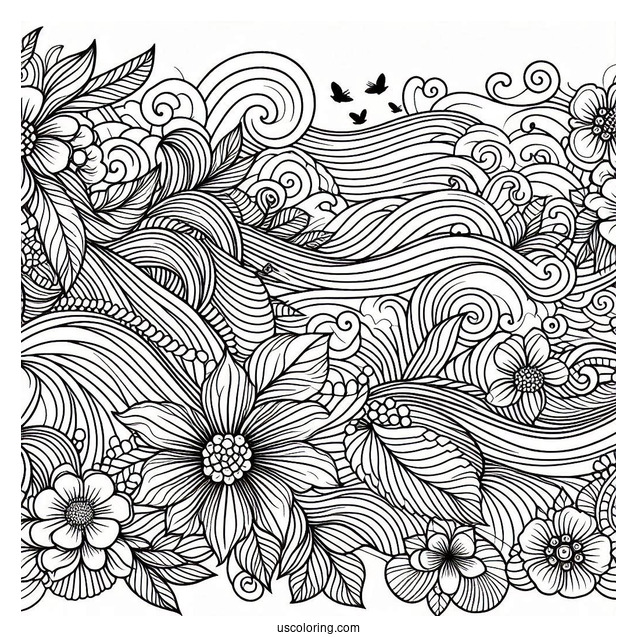 Waves And Flowers Pattern Coloring Page