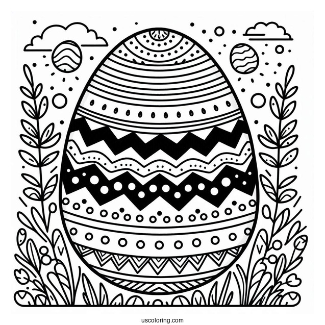 Easter Coloring Page Of Easter Egg With Chevron, Stripes, And Polka Dot Design