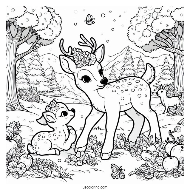 Snow White In Forest With Baby Deer To Color