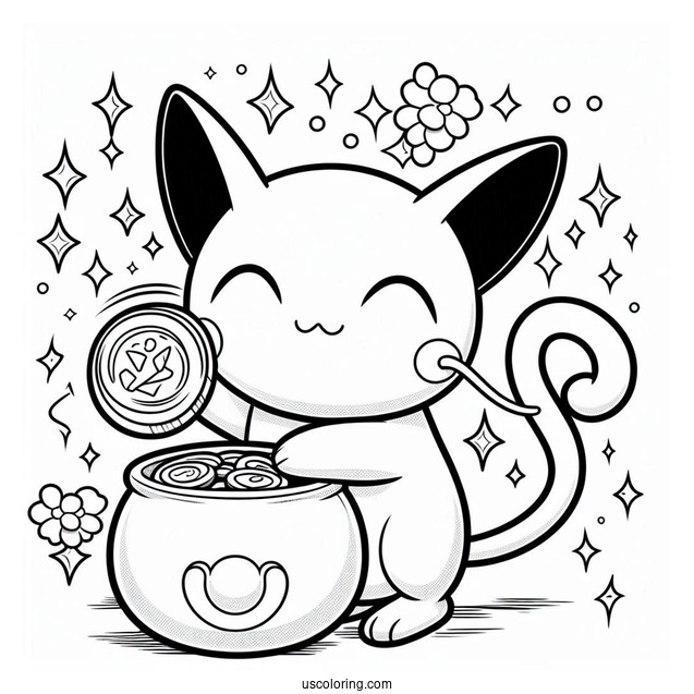 Mew Coloring Page Holding Koban Lucky Gold Coin