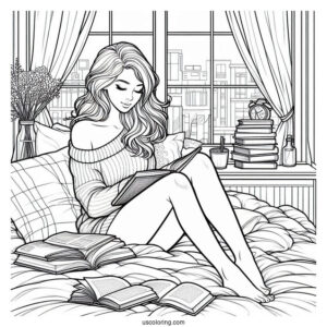 Woman Reading On A Window Bay With Laptops And Books Bedroom Coloring Page
