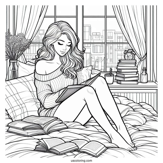 Woman Reading On A Window Bay With Laptops And Books Bedroom Coloring Page