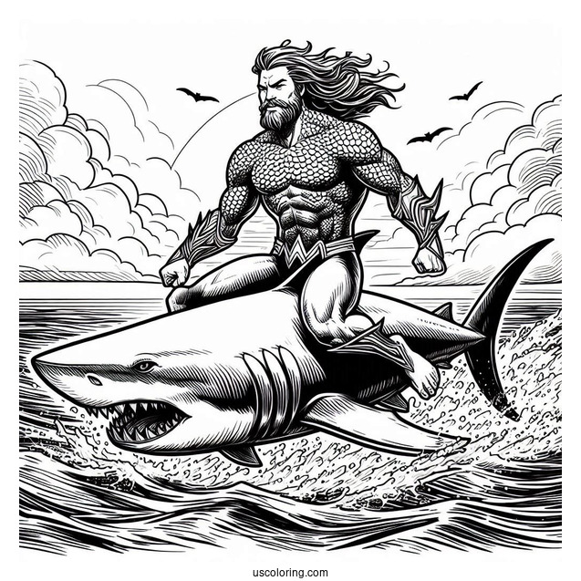 Aquaman Coloring Page Riding On A Shark