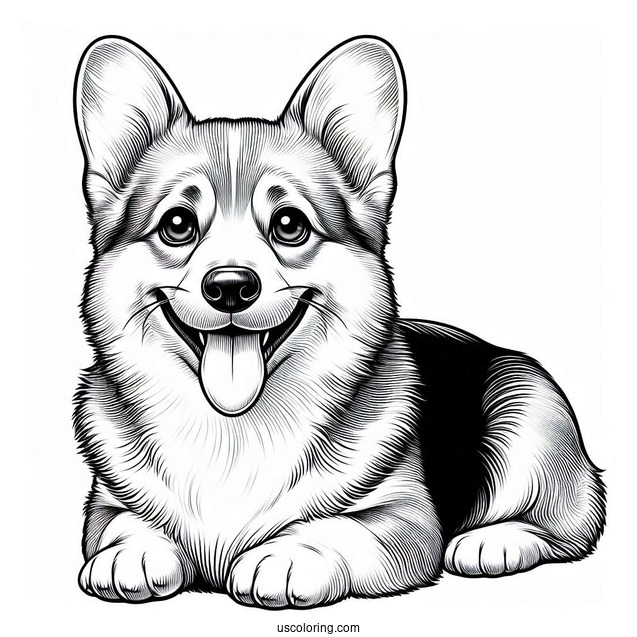 Realistic Corgi Coloring Page Smiling With Tongue Out