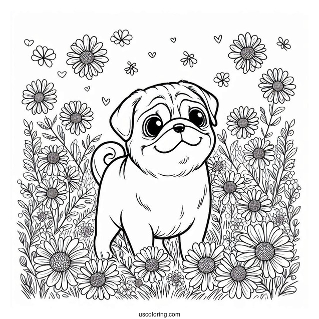 Coloring Sheet Of a Pug In Field Of Flowers