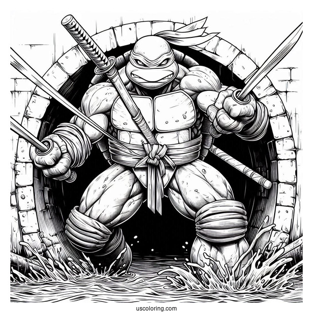 Ninja Turtles Coloring Page Of Adult Leonardo Using Dual Katana In Sewer