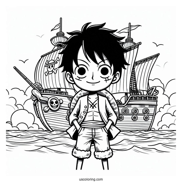 Luffy Coloring Page In Iconic Pose Standing In Front Of Going Merry Ship