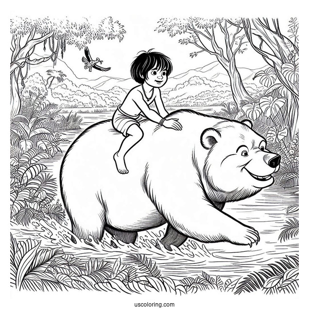 Jungle Book Coloring Page Of Mowgli Riding On Baloo s Back For Kids