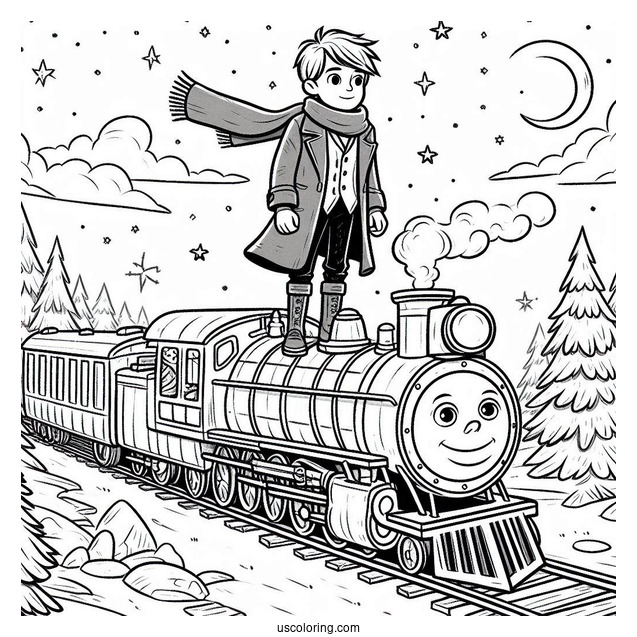 Hero Boy Standing On Top Of ThePolar Express Coloring Page Of Train