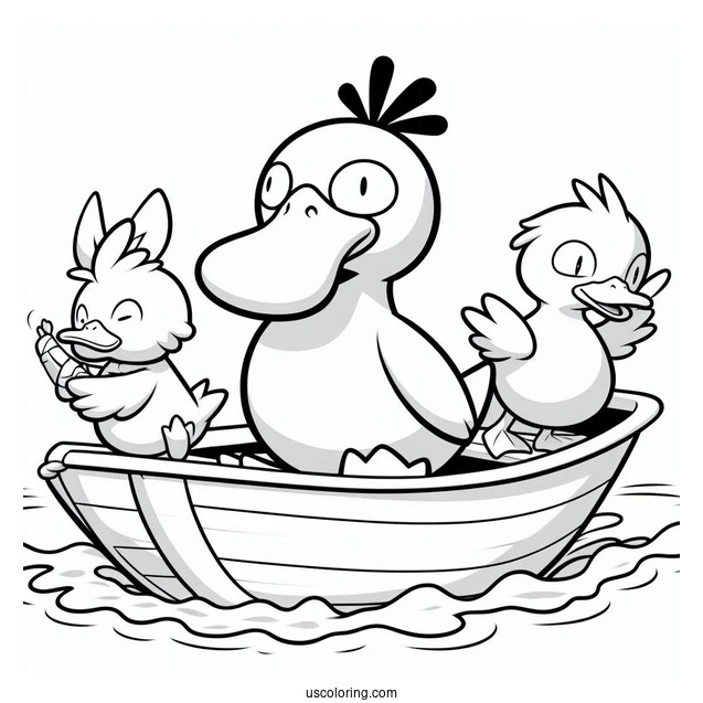 Psyduck Coloring Page On A Boat With Quaxly, Farfetch'd, And Sirfetch'd Ludicolo,
