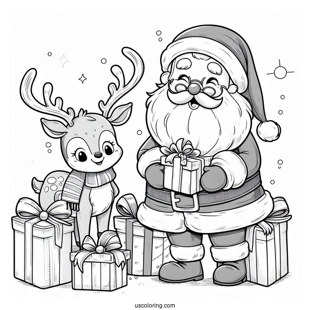 Cute Santa And Rudolph With Presents Coloring Page
