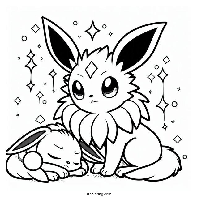 Espeon Watching Over Sleeping Jolteon Coloring Page