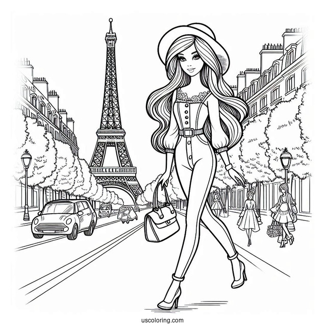 Fashionable Barbie Walkng In Paris Coloring Sheet