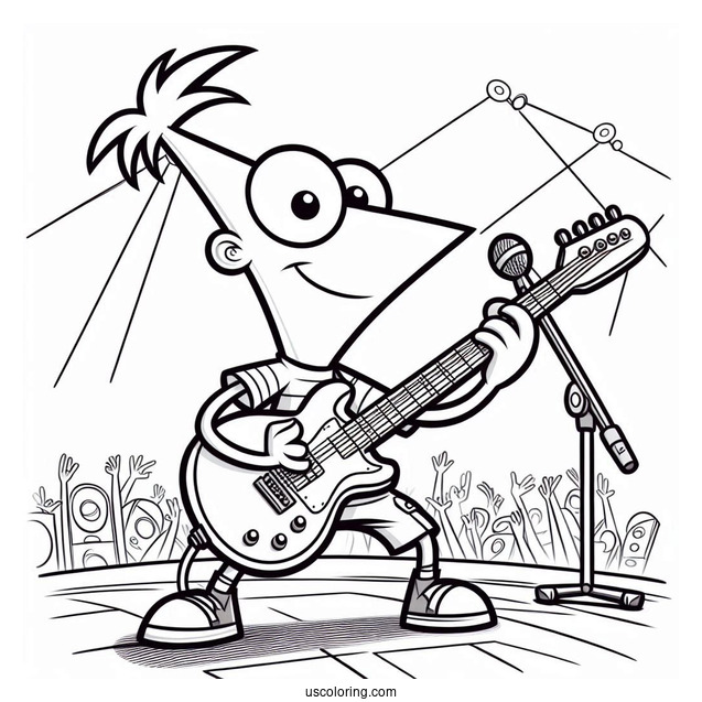 Phineas And Ferb Coloring Page On Stage Playing Electric Guitar