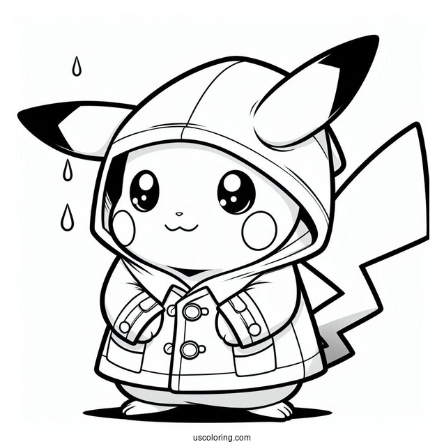 Cute Pikachu Wearing Raincoat Coloring In