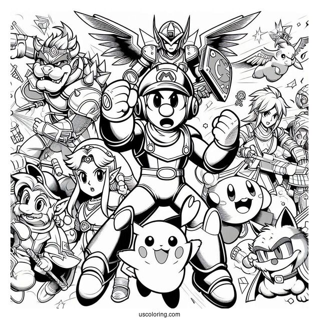 Super Smash Bros Coloring Page Of Mega Man, Dark Bowser, Zelda, Mario, Kid Icarus .Star Fox, Kirby, Donkey Kong, And Pikachu