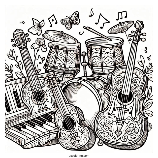 Music Coloring Page Of Drum, Guitar, Violin, Tambourine, And Piano