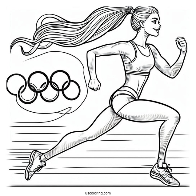 Athlete Running With Olympics Coloring Page Of Logo Above Her