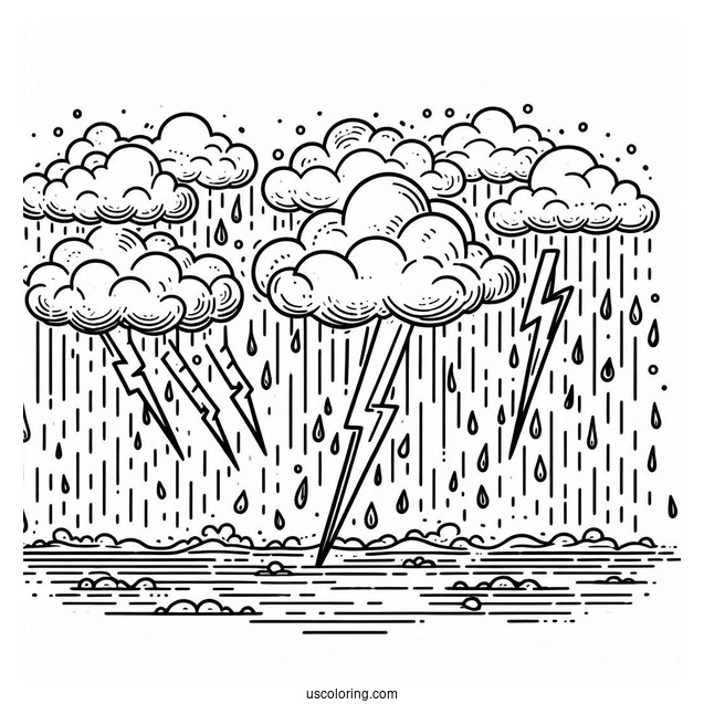 Rain Coloring Page Of Rainclouds With Lightning