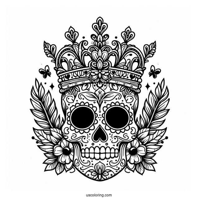 Majestic Sugar Skulls Coloring Page Wearing Crown