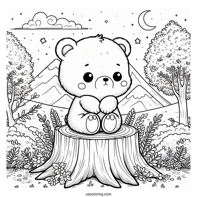 Cute Coloring Page Baby Bear Sitting On A Tree Stump