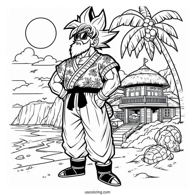 Dragon Ball Z Coloring Page Of Master Roshi in Vacation Shirt at Kame House