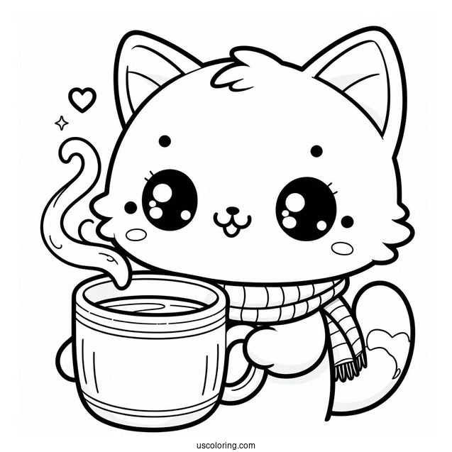 Kawaii Kitten Holding A Steaming Cup Of Coffee Coloring Page