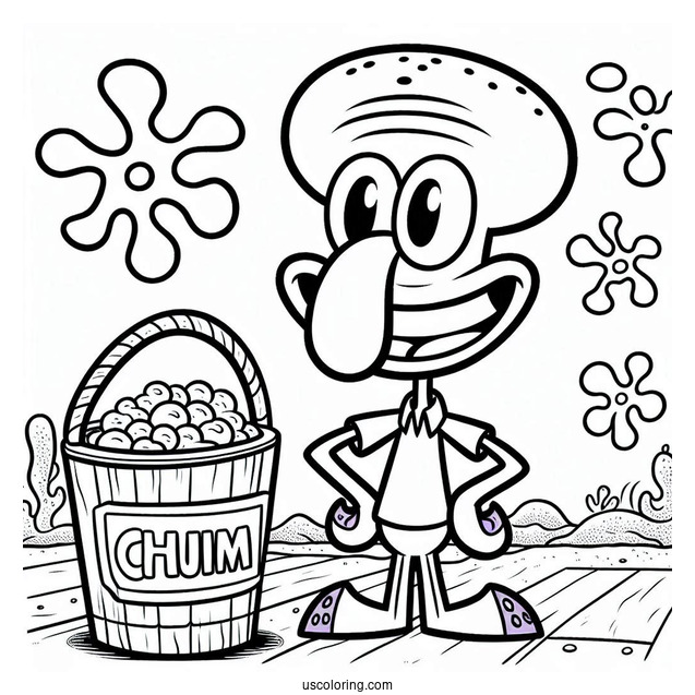 Handsome Squidward Coloring Page Posing In Front Of Chum Bucket