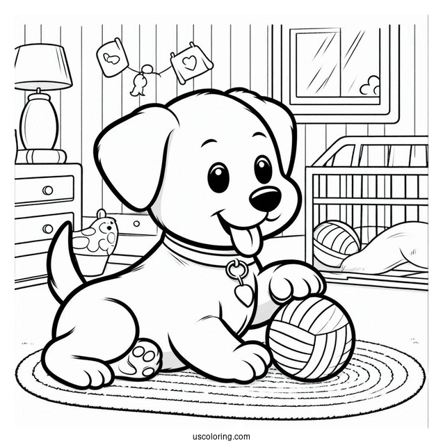 Easy Outline Of Puppy Playing Indoors Coloring Sheet