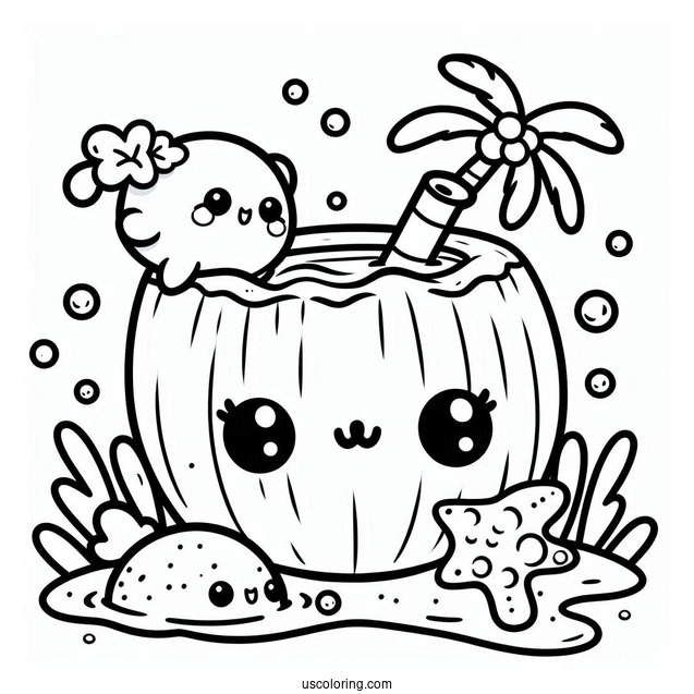 Kawaii Animals Swimming In A Coconut Coloring Page Drink