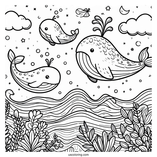 Cute Coloring Page Cartoon Whales Swimming In The Ocean