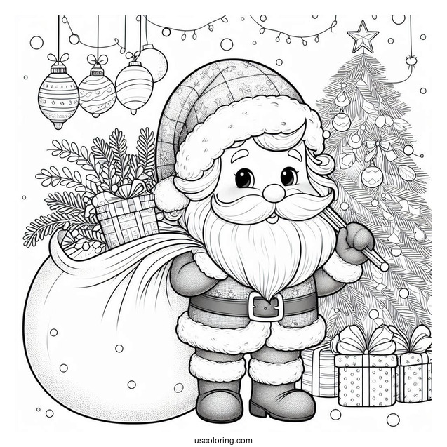 Santa Holding Sack Of Presents Next To Christmas Tree