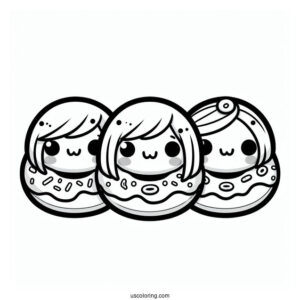 Three Kawaii Mini Donut Coloring Page For Kids