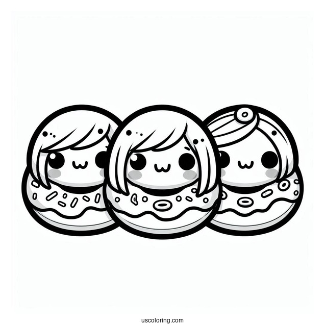 Three Kawaii Mini Donut Coloring Page For Kids