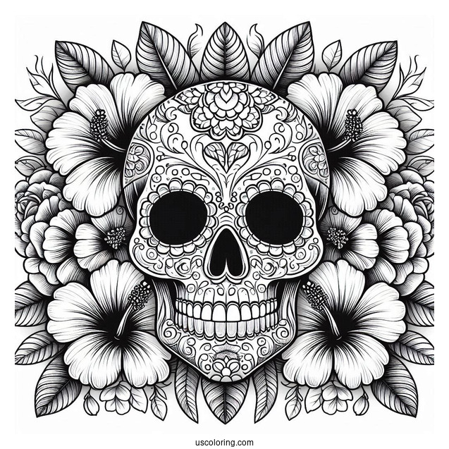 Detailed Sugar Skulls Coloring Page Design With Hibiscus Flowers